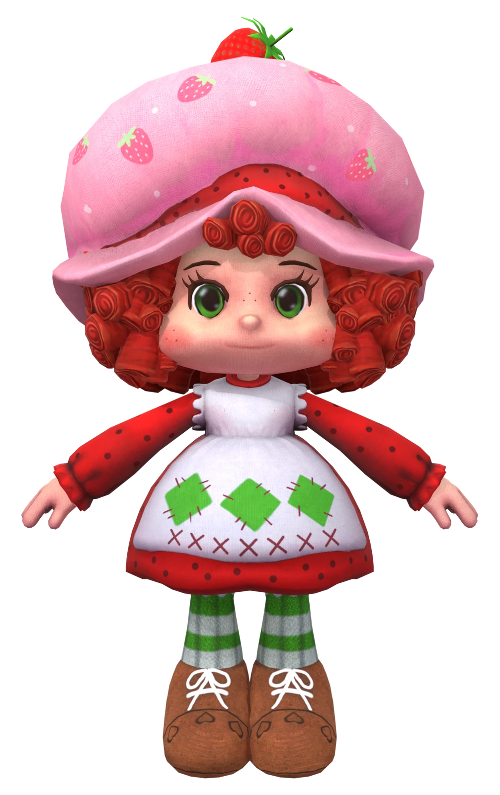 Strawberry Shortcake as a Roblox-ready 3D character in her pink strawberry hat and white apron.