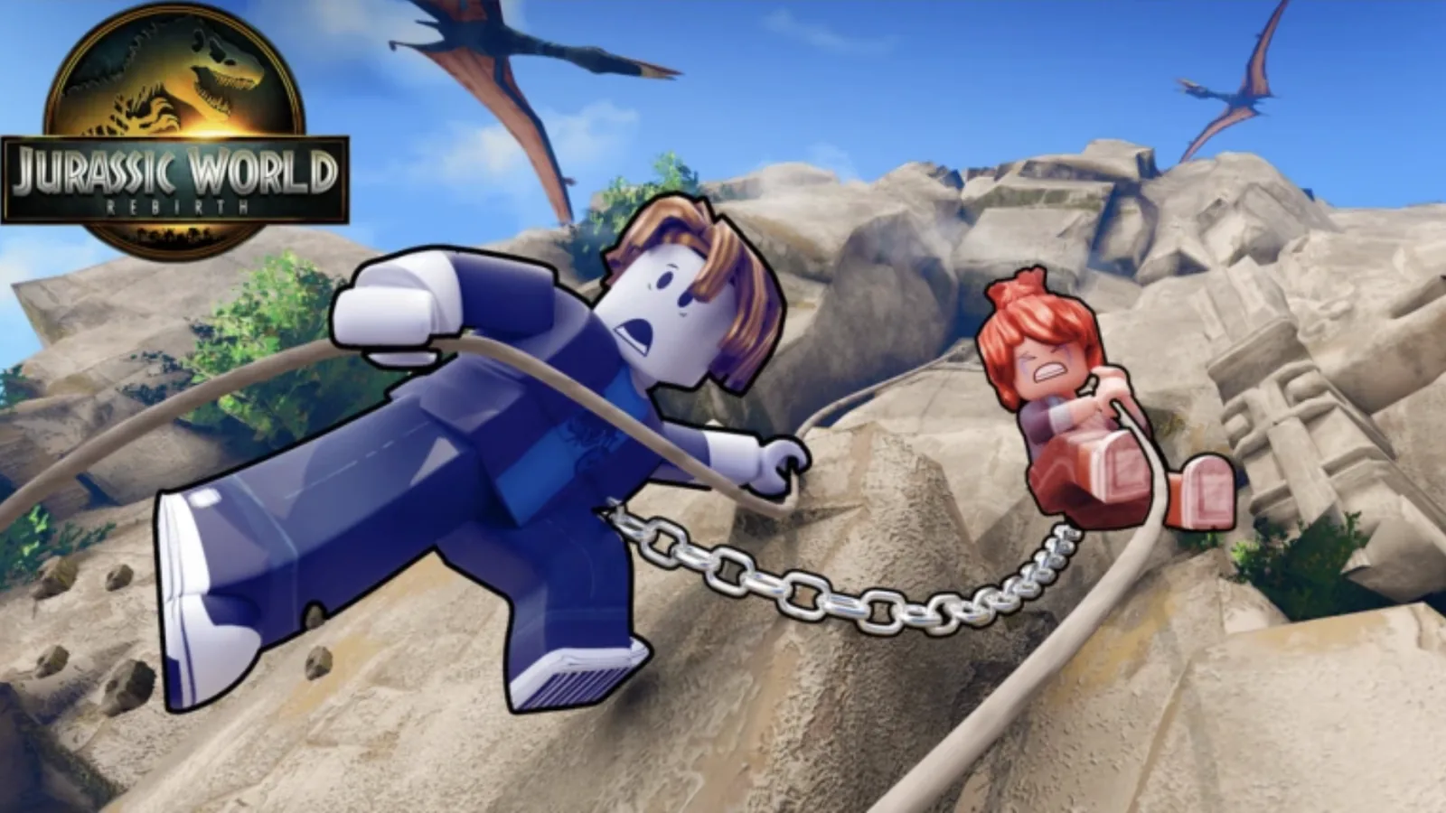 Jurassic World Rebirth key art showing two chained Roblox avatars on island cliffs with flying reptiles overhead.