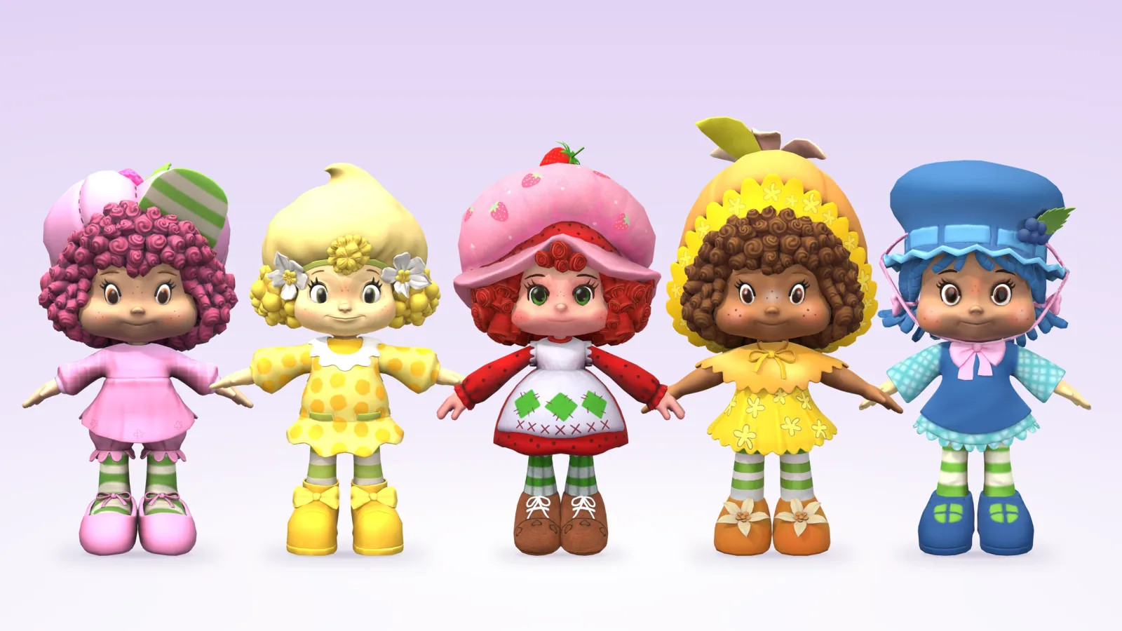 Five Strawberry Shortcake characters made by Petrex as Roblox-ready 3D models through Basket Entertainment.