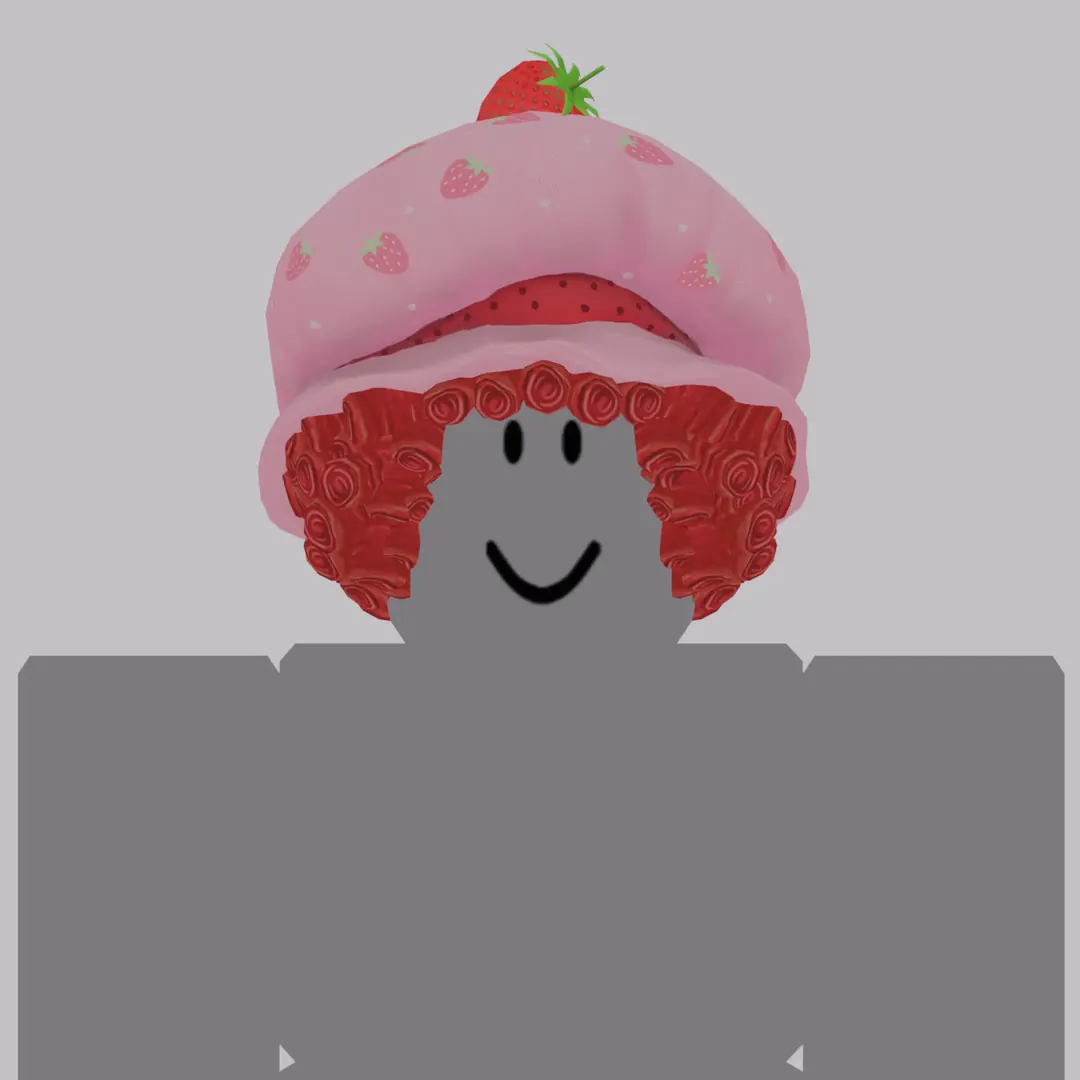A Roblox avatar wearing the Strawberry Shortcake hat with red curls made by Petrex.
