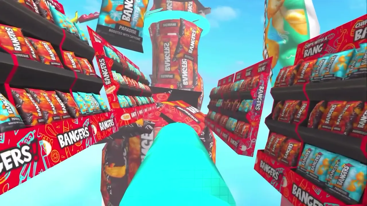 A teal track runs between store shelves stacked with BANGERS! packs on Roblox.