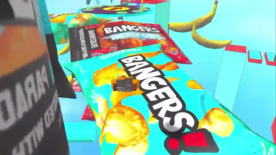 A player crosses a giant Paradise bag next to a Barbeque Energy Chips bag.