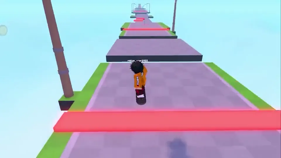 A player skates along a floating purple course.