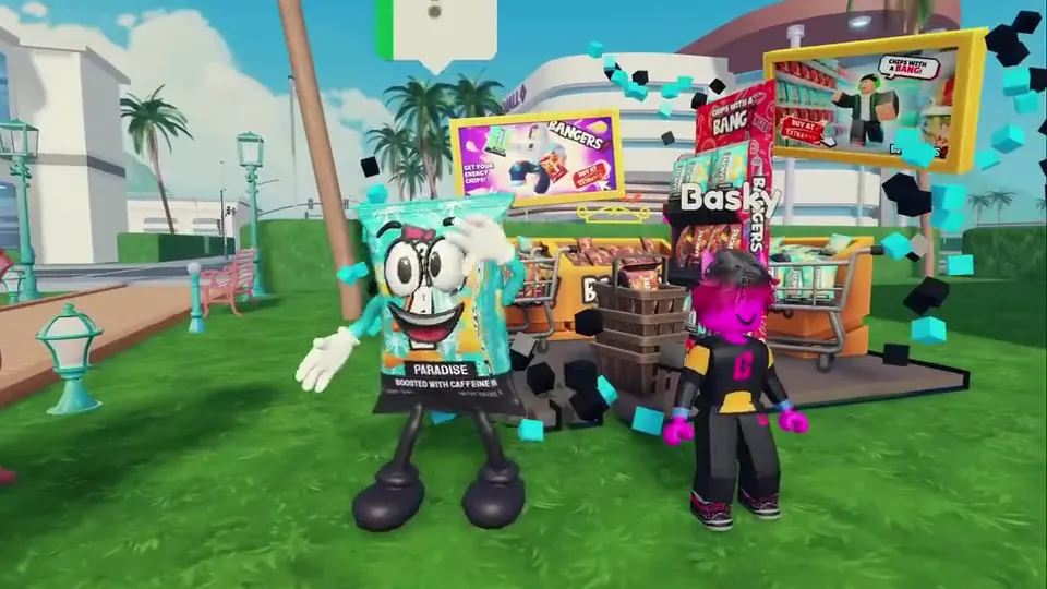 A walking Paradise chip bag waves beside a player at a BANGERS! stand in a park.