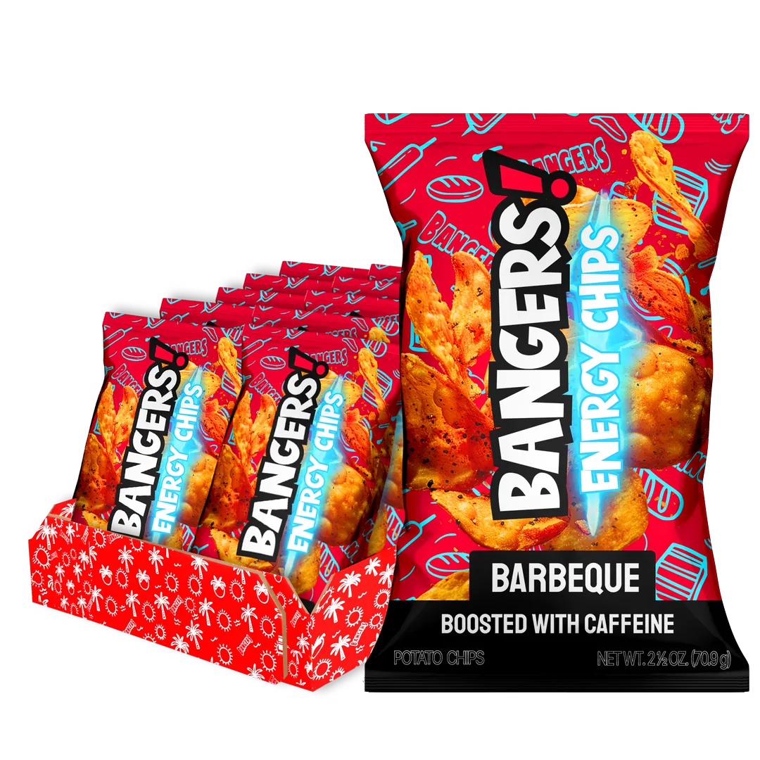 3D packshot of a BANGERS! Barbeque Energy Chips bag in front of its display carton