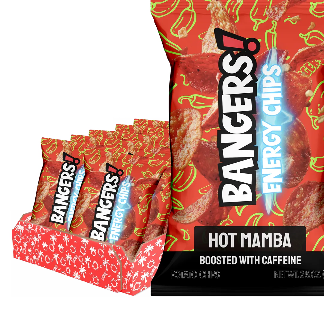 3D packshot of a BANGERS! Hot Mamba Energy Chips bag in front of its display carton