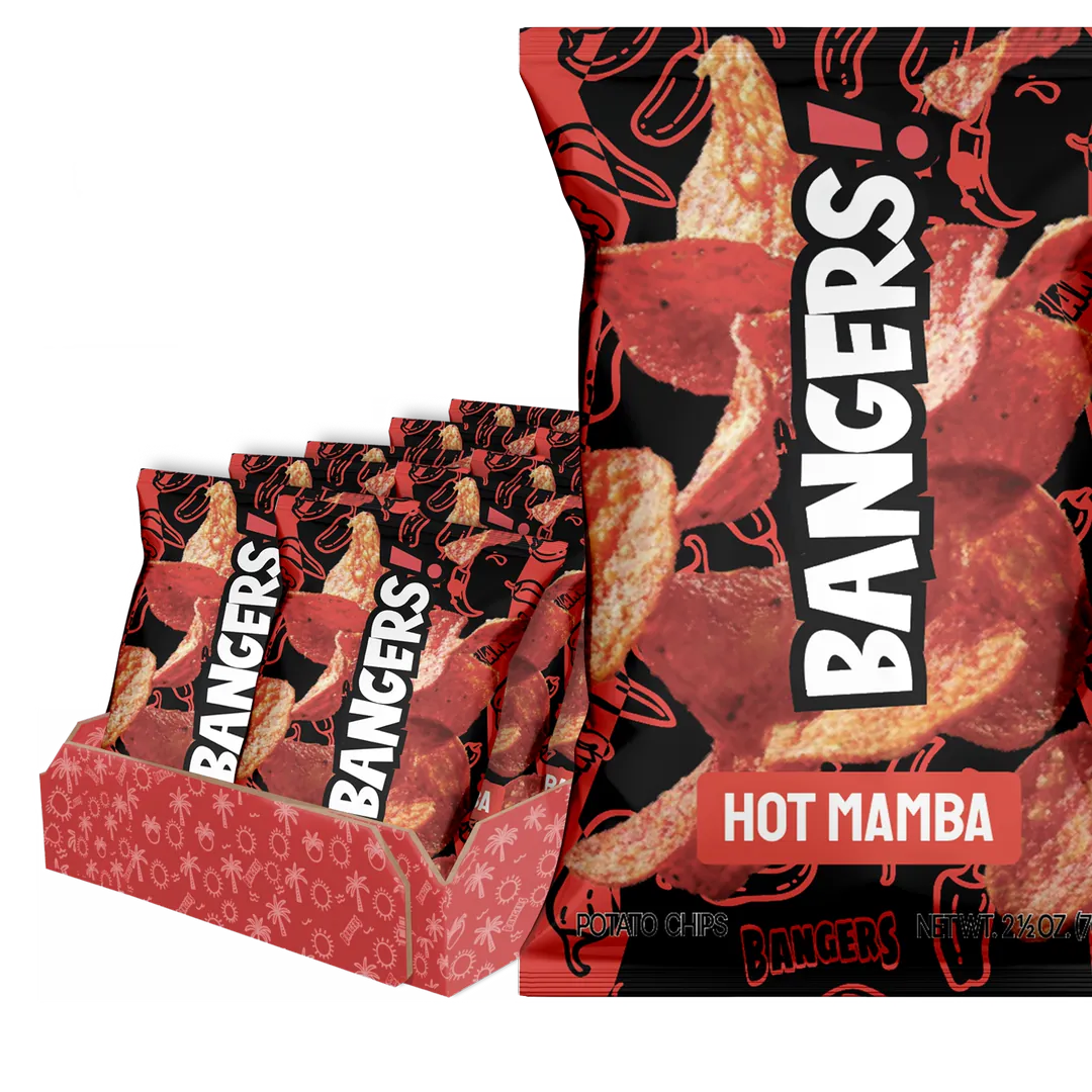 3D packshot of a BANGERS! Hot Mamba bag in front of its display carton