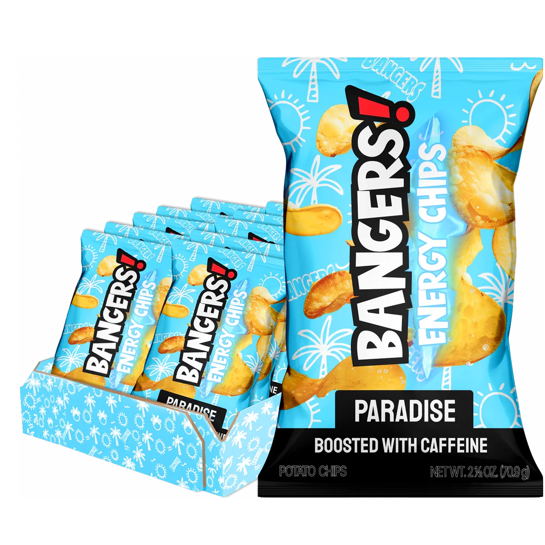 3D packshot of a BANGERS! Paradise Energy Chips bag in front of its display carton