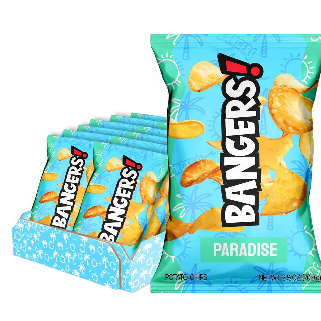 3D packshot of a BANGERS! Paradise bag in front of its display carton