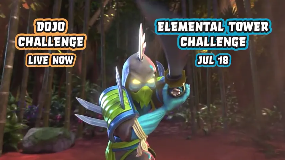 A Ninjombie warrior in a bamboo forest beside “Dojo Challenge, live now” and “Elemental Tower Challenge, Jul 18”.