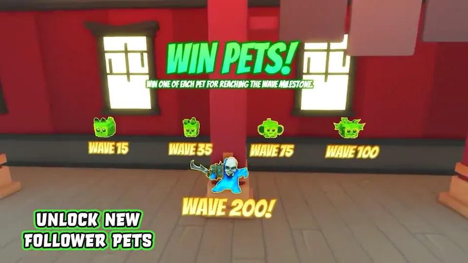 Pet rewards for waves 15, 35, 75, 100 and 200 under the title “Win Pets!”