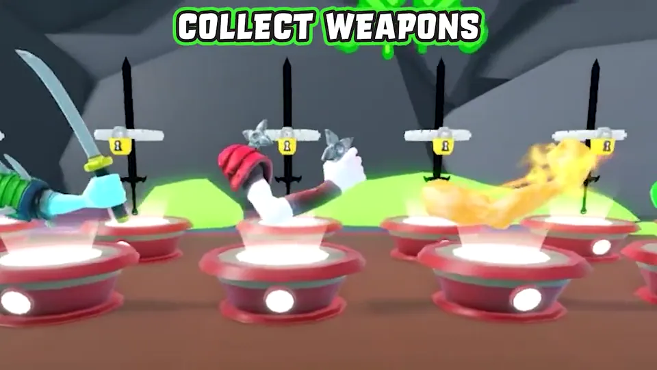 Swords and claws on glowing pedestals under the title “Collect Weapons”.