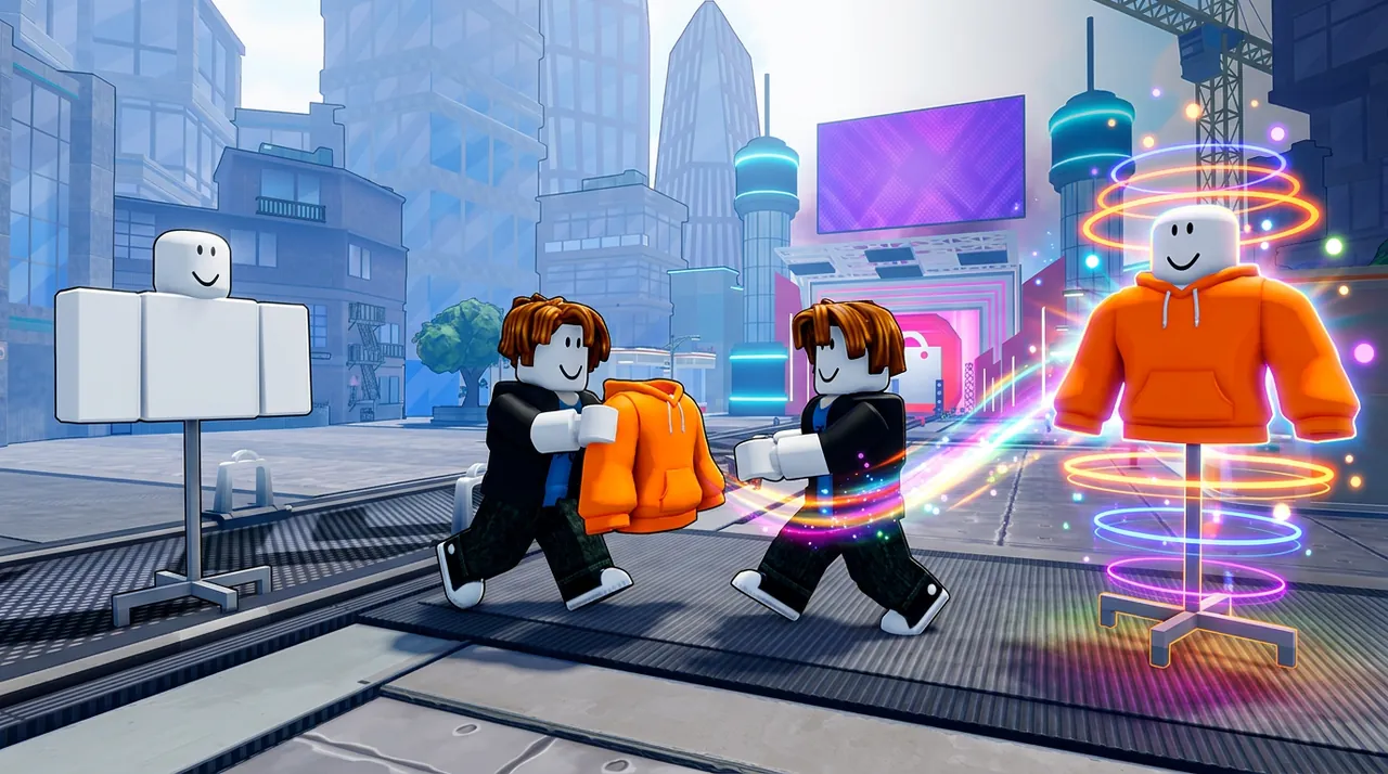 Approved thumbnail: two avatars carry an orange hoodie down the runway toward a mannequin in rings of light