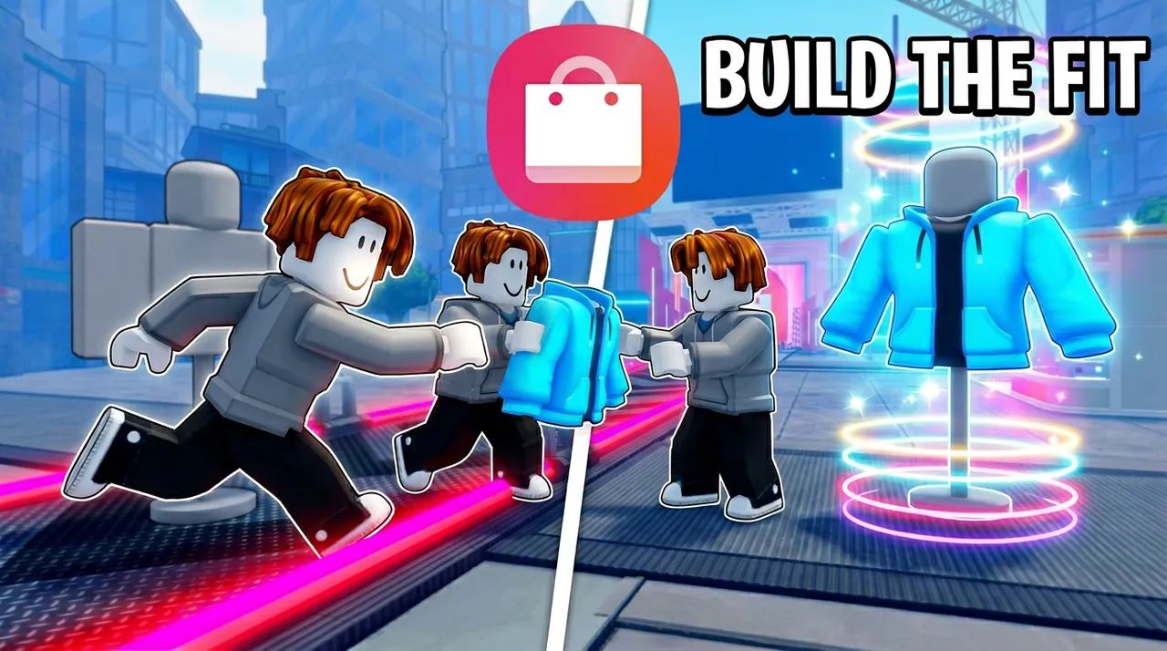 Catch the Drop thumbnail: an avatar in a grey hoodie hands over a blue jacket on the runway, under the words Build the fit.