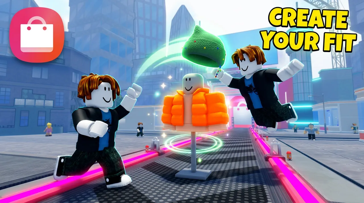 Approved thumbnail: an avatar throws a green beanie over an orange puffer jacket on a stand, under the words Create your fit