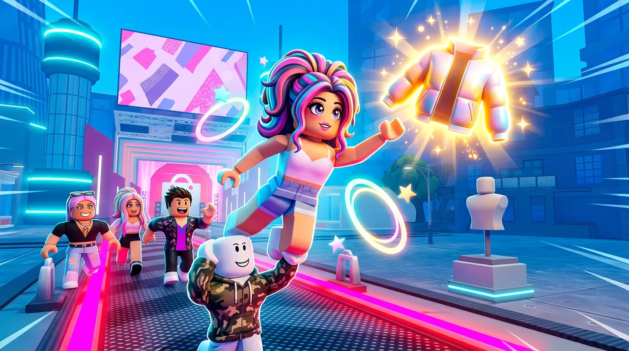 Approved thumbnail: an avatar with rainbow hair leaps for a glowing jacket ahead of a crowd on the runway