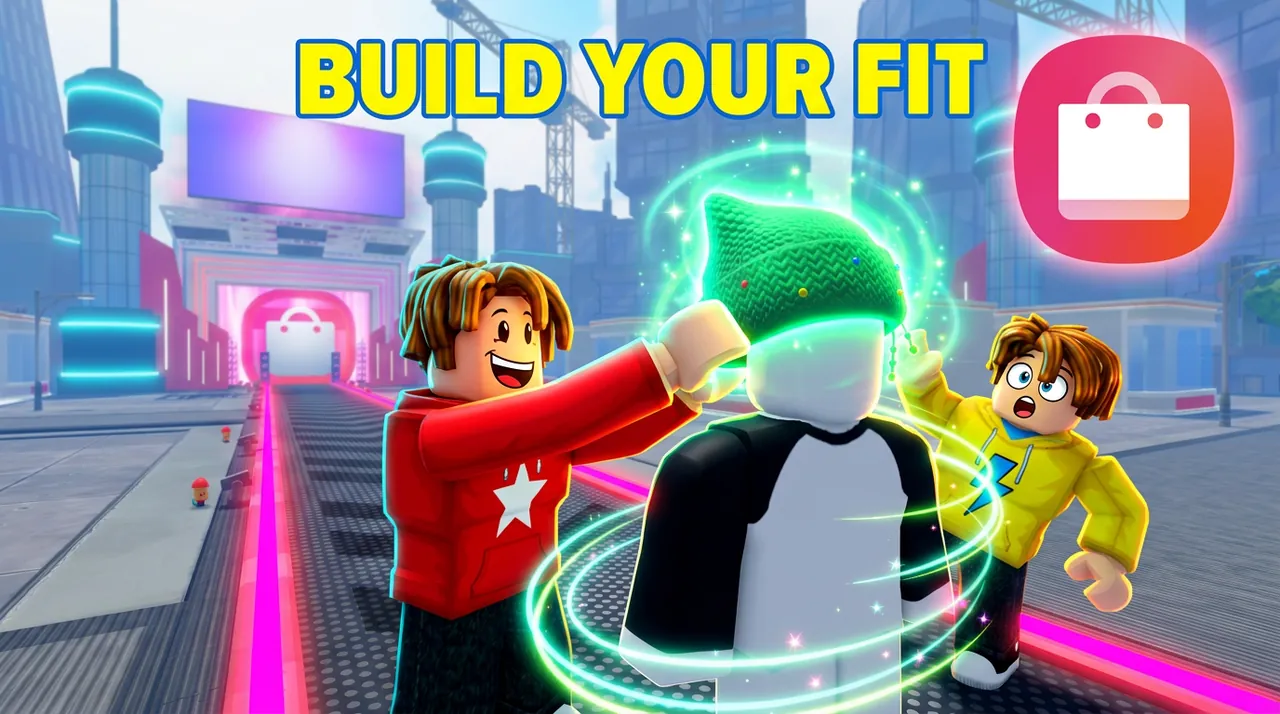Approved thumbnail: avatars in red and yellow tops pull a green beanie onto a mannequin, under the words Build your fit