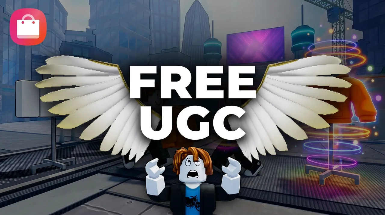 Approved thumbnail: white wings around the words Free UGC over a startled avatar