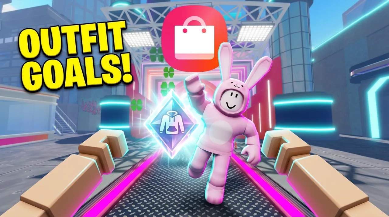 Catch the Drop thumbnail: a player reaches for an avatar in a pink bunny suit on the runway, under the words Outfit goals!