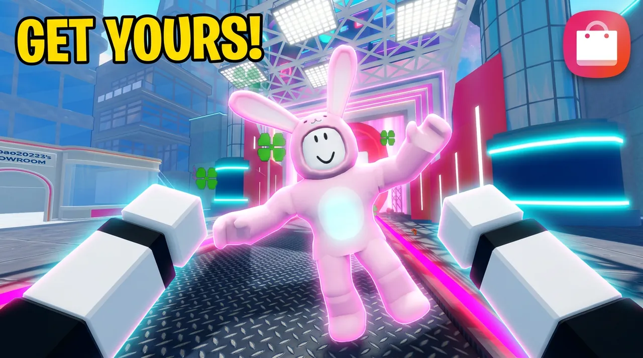 Approved thumbnail: an avatar in a pink bunny suit leaps toward the player, under the words Get yours!