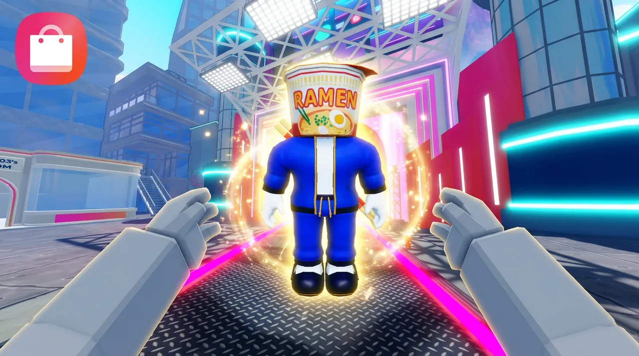 Approved thumbnail: an avatar in a blue suit with a ramen-cup head glows on the runway