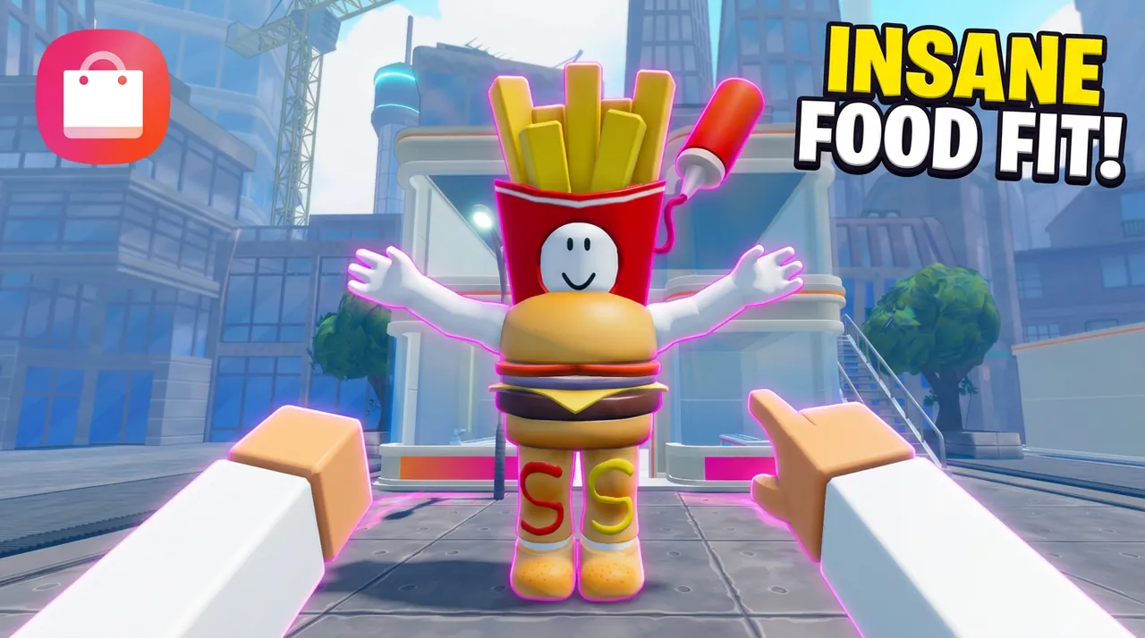 Approved thumbnail: an avatar in a fries-and-burger outfit opens its arms, under the words Insane food fit!