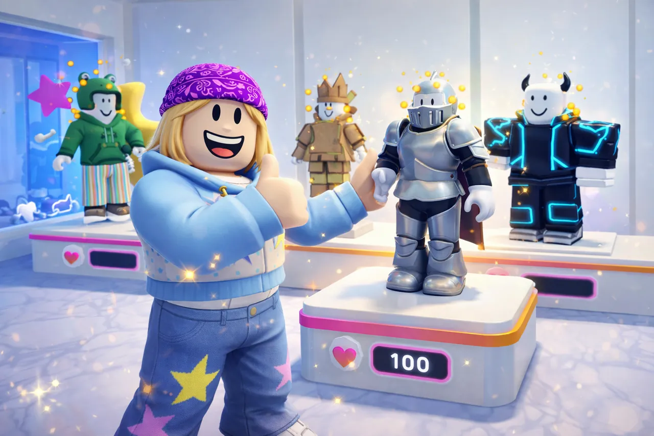 Catch the Drop promo art: an avatar in a purple bandana gives a thumbs-up beside outfits on showroom stands, one marked 100.