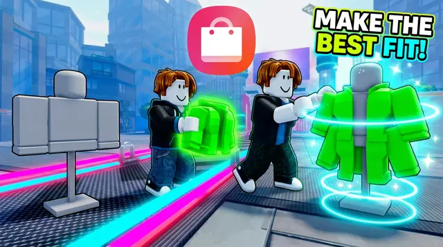Thumbnail concept, not picked: two avatars pass a green jacket toward a mannequin, under the words Make the best fit!