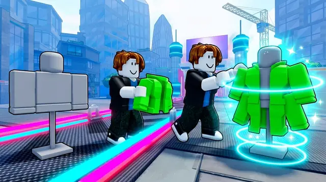 Thumbnail concept, not picked: two avatars pass a green jacket toward a mannequin in rings of light