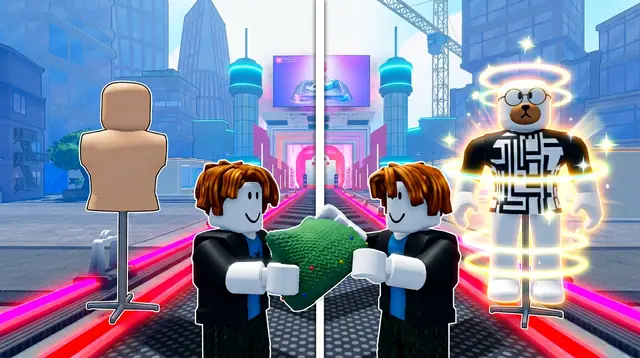 Thumbnail concept, not picked: two avatars pass a green beanie toward a mannequin in a glowing outfit
