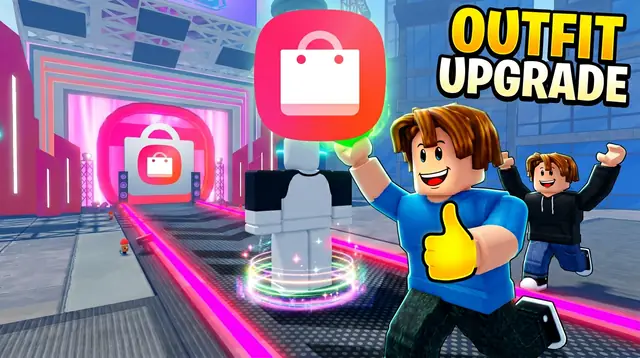 Thumbnail concept, not picked: an avatar in blue gives a thumbs-up beside a mannequin, under the words Outfit upgrade