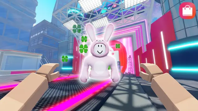 Thumbnail concept, not picked: an avatar in a pink bunny suit walks toward the player on the runway