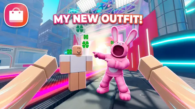 Thumbnail concept, not picked: an avatar in a pink bunny suit points at a plain avatar, under the words My new outfit!