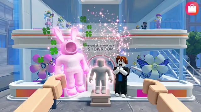 Thumbnail concept, not picked: a pink bunny suit in front of a showroom