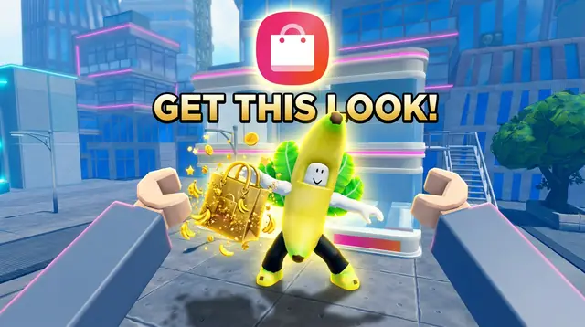 Thumbnail concept, not picked: an avatar in a banana suit beside a gold bag, under the words Get this look!