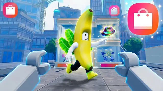 Thumbnail concept, not picked: an avatar in a banana suit runs past a glowing hat in front of a store