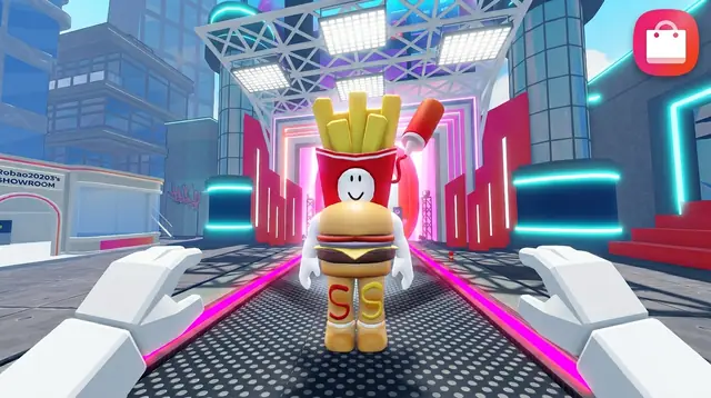 Thumbnail concept, not picked: an avatar in a fries-and-burger outfit on the runway between the player’s hands