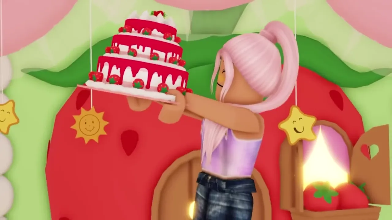 A player lifts a tiered strawberry cake in front of the strawberry house.