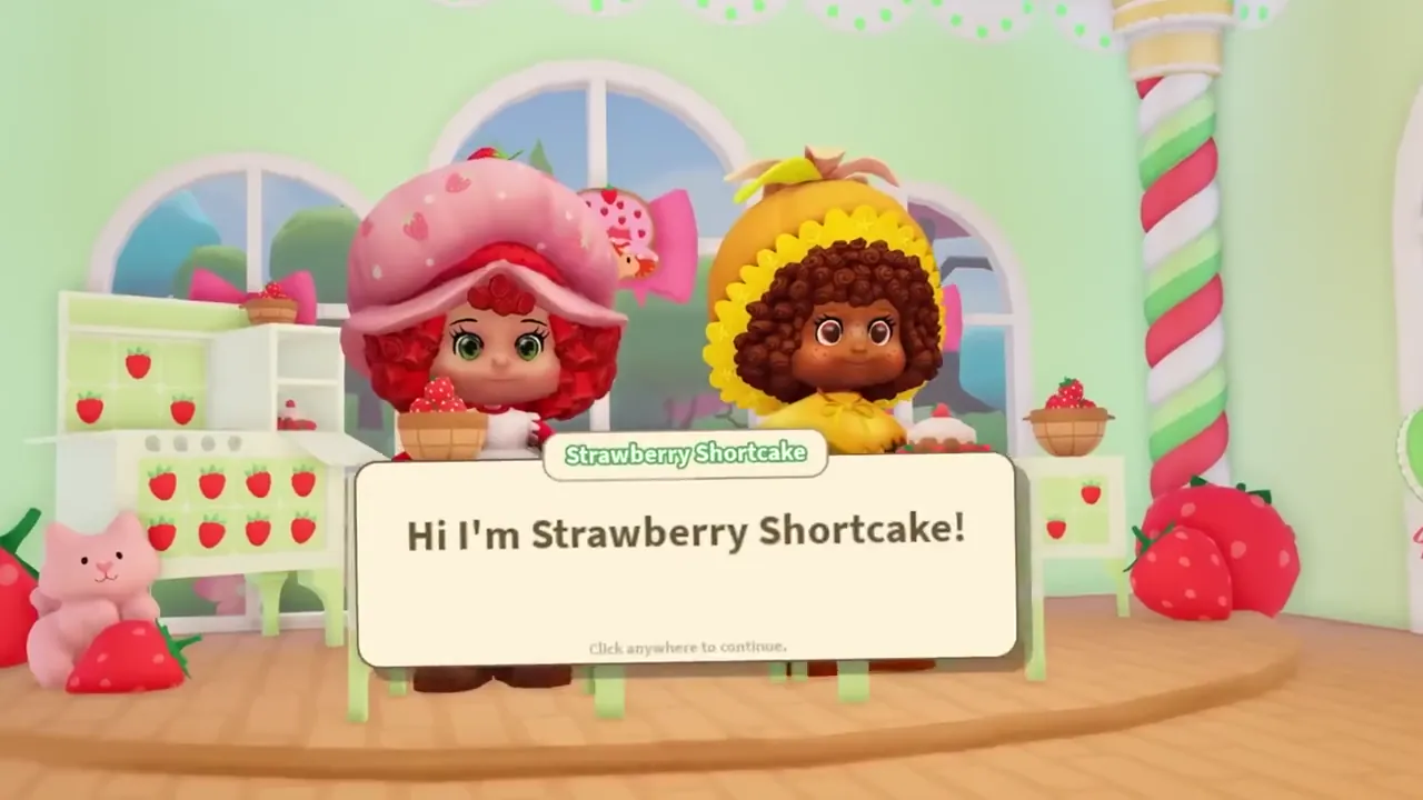 Strawberry Shortcake and Orange Blossom behind a counter, with the line “Hi I’m Strawberry Shortcake!”